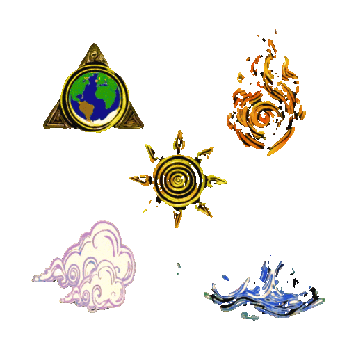 Vector-style animation of elements: fire, water, air, earth with sun in center, representing astrology and cosmic energy