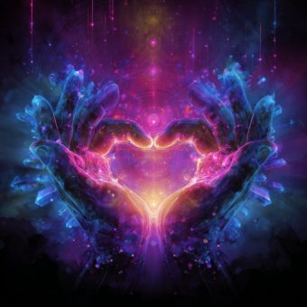 Bright, vivid reiki energy flowing from hands, symbolic representation of healing energy, cosmic and mystical vibes